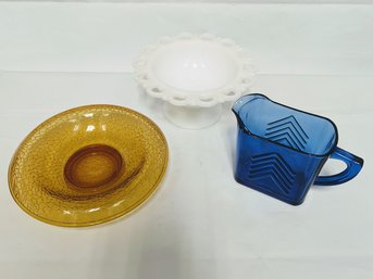 Colorful Three-piece Glass, Hazel Atlas Cobalt Pitcher, AH Milk Glass Pedestal Bowl, Jeanette Crackle Console
