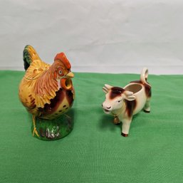 Kitchen Animal Porcelain - Vintage Cow Creamer And Chicken Teapot With Repaired Tail