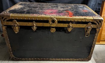 Stunning Giant Antique 1920s Black Metal Samson Trunk With Art Deco Metal Accents