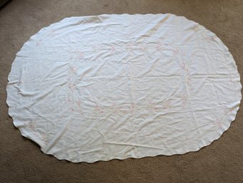 VINTAGE LINENS - CROSS STITCHED OVAL TABLECLOTH WITH PINK