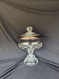 Indiana King's Crown Thumbprint Covered Compote With SIlver Rim