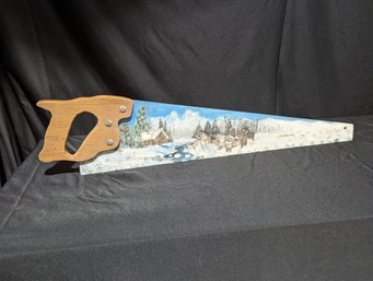 Hand Painted Hand Saw  - Winter Scene With Cabin And Wolves - Signed HP?