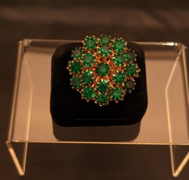 Vintage Costume Jewelry BROOCH Pin With Green Glass Rhinestone Gems - Approx 2: Dia