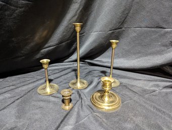 5 Piece Lot Of Tall Brass Candlesticks  - 8', 6', 4', 3', 1'
