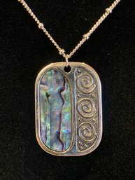 Vintage Silver Tone Necklace With Silver Tone Abalone Style Accent Approximately 18 Inches