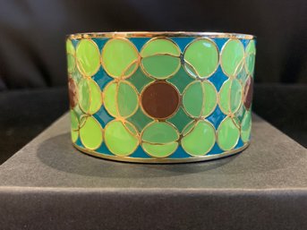 Vintage Gold Tone Magnetic Clasp Enamel Cuff Bracelet With Green Brown Blue Accents