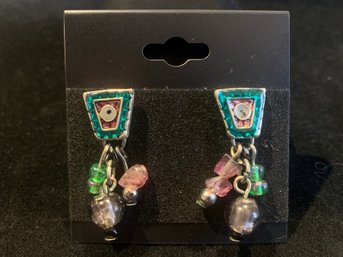 Colorful Vintage Silver Tone Beaded Enamel Earrings