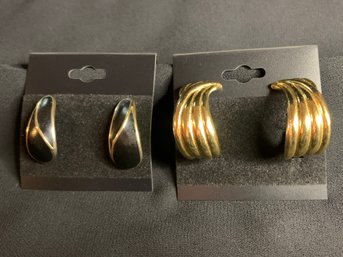 Pair Of Vintage Trifani Gold Tone Clip On Earrings Black Enamel
