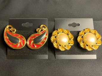 Pair Of Vintage Monet Gold Tone Red Black Paisley And Round Faux Pearl Clip On Earrings