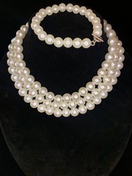 Vintage Faux 3 Strand Pearl Necklace And Faux Pearl Bracelet