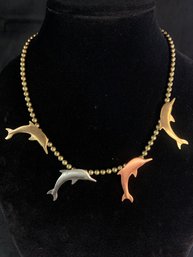 Vintage Dolphin Necklace Gold Silver And Pink Tone