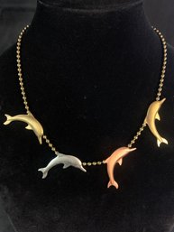 Vintage Dolphin Necklace Gold Silver And Pink Tone