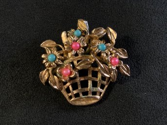 Vintage Gold Tone Floral Easter Basket Brooch
