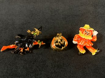 Three Vintage Halloween Gold Tone Enamel Pins