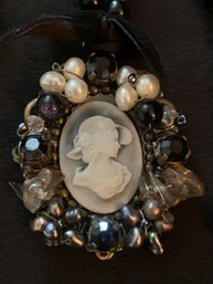 Vintage Cameo Necklace With Black Beads And Accents