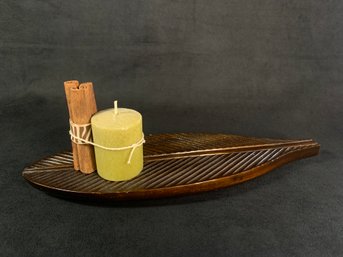 Filipino Leaf Design Wooden Tray With Candle And Cinnamon Asian Decor