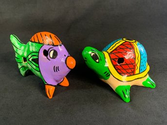 Colorful Pair Of Hand Painted Animal Whistle Ceramic Pottery Central American Turtle Fish