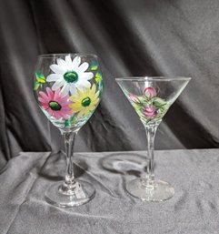 2 Hand Painted Wine Glasses - Florals -  Signed Julliette