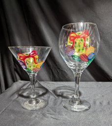 2 Hand Painted Wine Glasses -  Christmas Presents  -  Signed Julliette