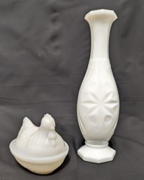 Vintage Hazel Atlas Milk Glass 4' Long Hen On Nest, Indiana Milk Glass Star Of Bethlehem Vase 10' Tall