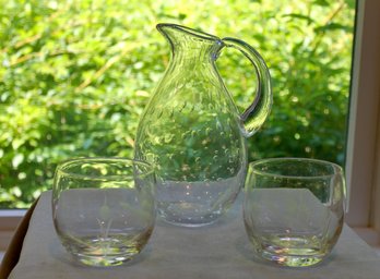 Beautiful Bubble Pitcher With Two Etched Cups