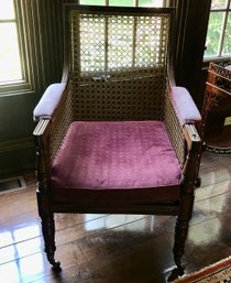 Antique English Cane Chair With Upholstered Arms
