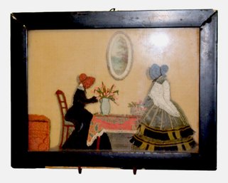 Embroidered Silk Of Women Arranging Flowers, Antique English