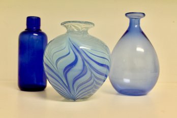 Art Glass Vase, Signed, With Two Blue Vases