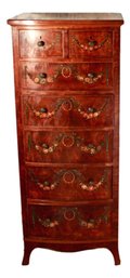 Tall, Floral Painted, Ebony Inlaid Chest Of Drawers
