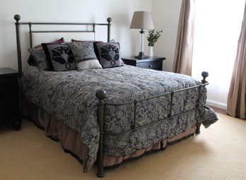 Iron Queen Size Bed With Duvet Set And Pillows