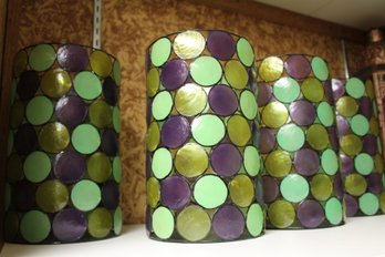 Delicate, Shell Like Blue, Green And Purple Dot Hurricane Candle Holders