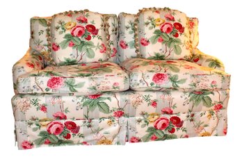 English Down Filled Love Seat With Bullion Fringe Throw Pillows