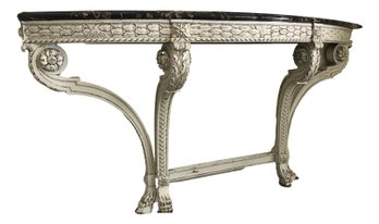 Marble Topped Distressed, Carved White Legged Console Table