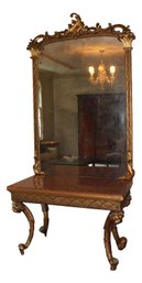 Breathtaking  Antique Gilded Mirrored Console With Marble Top (One Of Two Offered)
