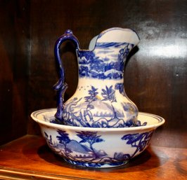 Small English Antique Blue And White Pitcher And Basin