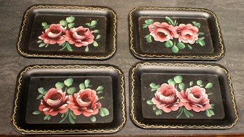4 Small Rose Painted Tole Dishes