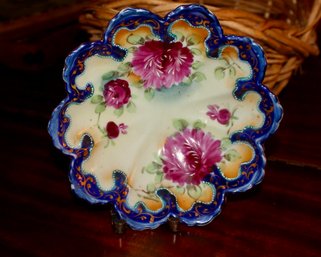 Blue Trimmed Floral Footed Dish