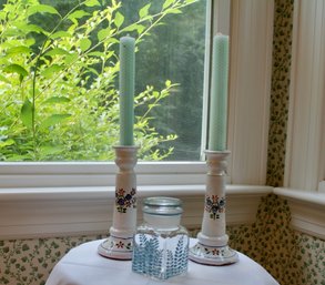 Floral Candle Holders And Handpainted Jar