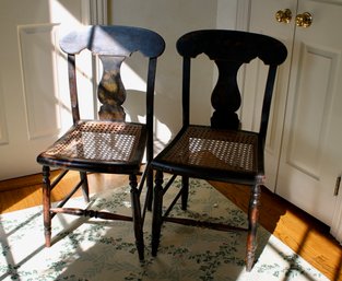 Rustic Black Painted Cane Chair Pair
