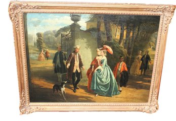 Romantic Oil On Board Of Figures At Garden Gate