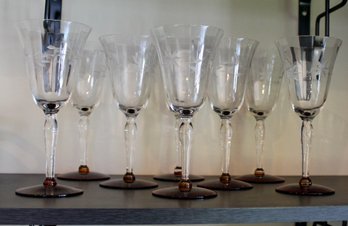 Set Of  8 Vintage Etched Wine Glasses