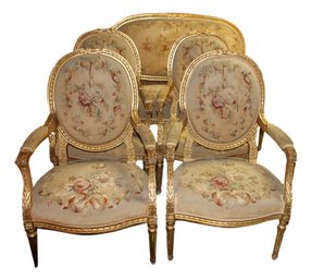 Louis XVI Period Gilded Settee And Chair Set With Original Aubusson Upholstery