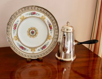 Silver Rimmed Wedgwood Dinner Plate And Hotel Coffee Server