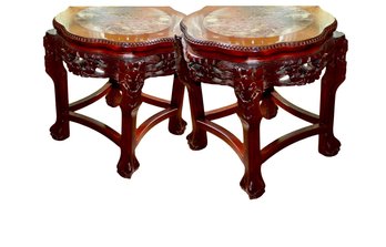 Pair Marble Topped Asian End Tables