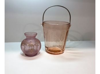 Pinched Enameled Vase And Etched  Glass Ice Bucket