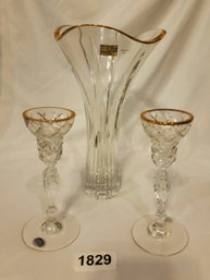 Mikasa Vase And 2 Candlesticks With Gold Trim (3 Pcs)