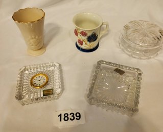 Waterford Clock, Mikasa Crystal Dish, German Cup, Lenox Vase, 2 Pc Dish (5 Pcs)