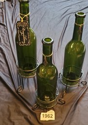 3 Wine Bottle Candles In Stands