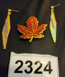 Maple Leaf Pin And Long Multi-tone Earrings