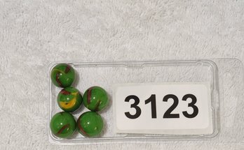 SET OF 5 GLASS MARBLES GREEN DRAGON DARK JADE WITH YELLOW ACCENTS